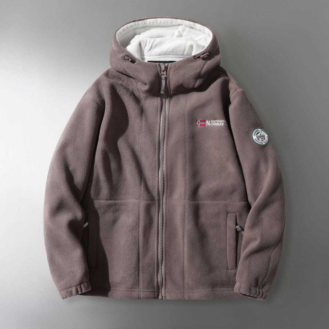Herren Microfleece-Outdoorjacke mit Kapuze, windabweisender Struktur und Logo-Patch Echoarchiv