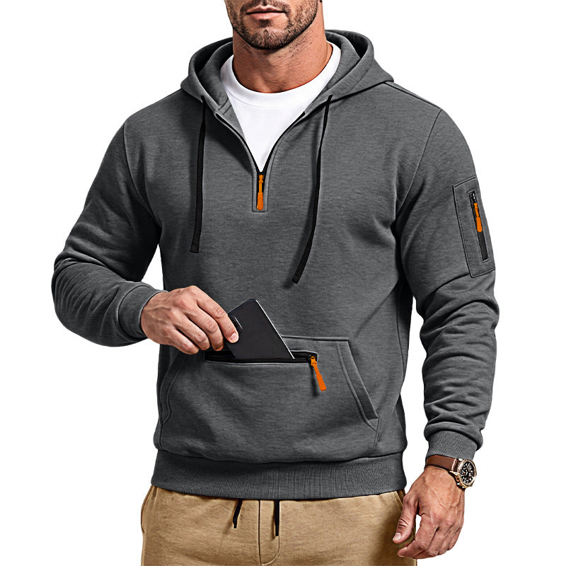 Herren sportlicher Kapuzenpullover mit halbem Reißverschluss und verschließbarer Kängurutasche – Cavarno
