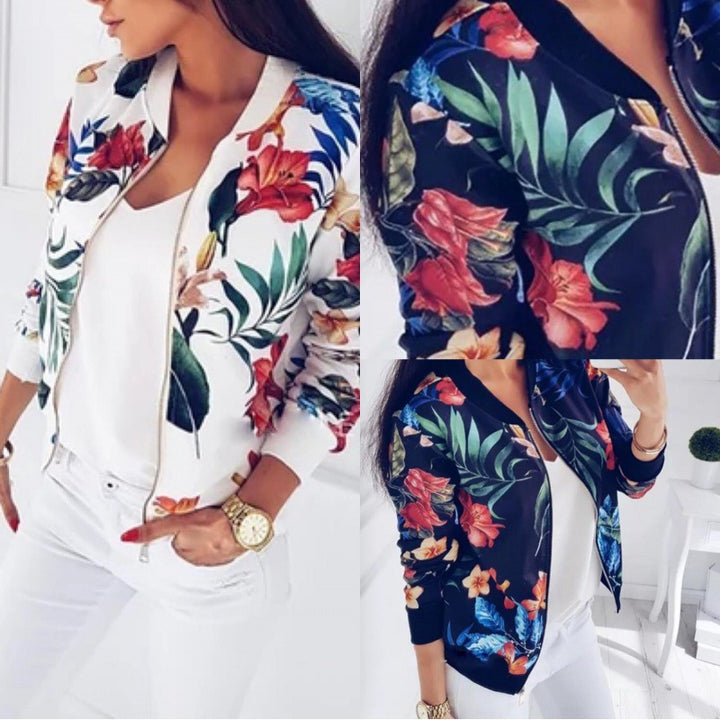Damen Leichte Bomberjacke mit floralem Allover‑Print, Reißverschluss und Rippbündchen – Avenza