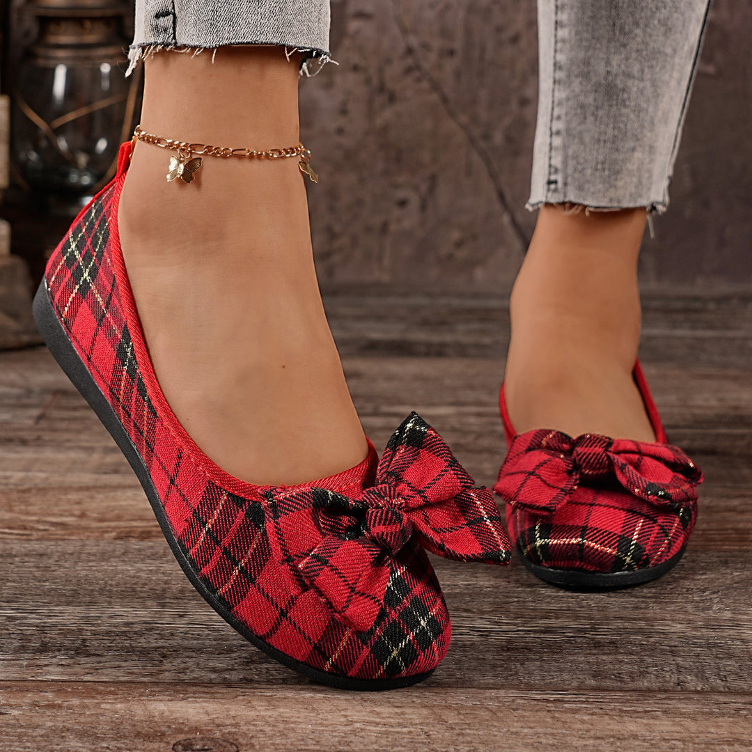 Damen  karierter Ballerina Slipper mit dekorativer Schleife und gepolstertem Komfortfußbett Echo Archiv