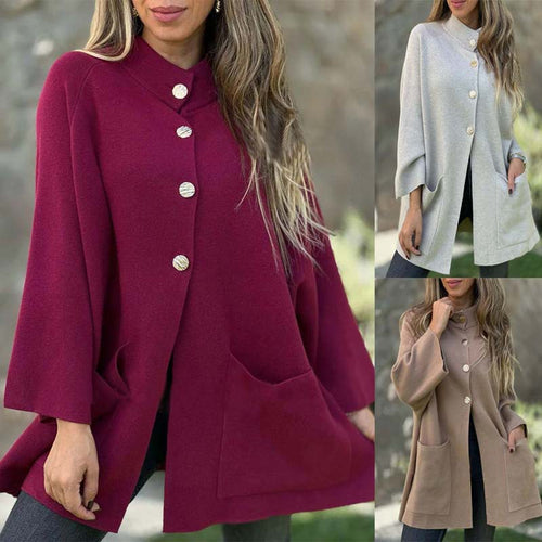 Damen Oversize Cape-Cardigan mit Stehkragen, aufgesetzten Taschen und Zierknöpfen – Veloura
