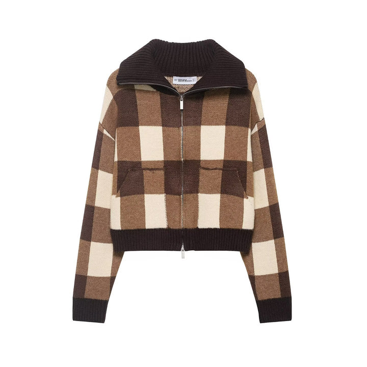 Damen Kariertes Strick-Cropped-Cardigan mit Reißverschluss und breitem Rippenkragen Echoarchiv