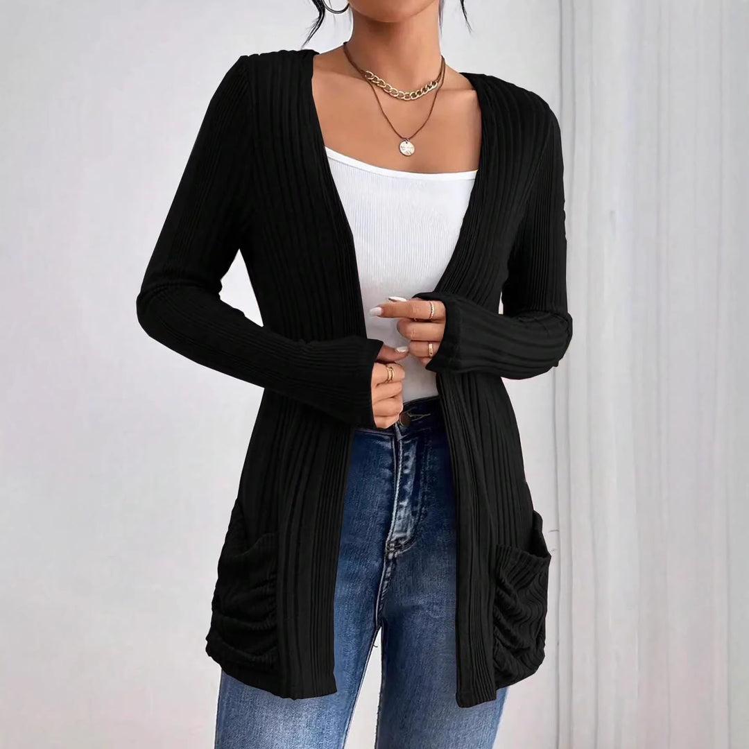 Damen Gerippter Langcardigan mit offener Front, Eingrifftaschen und legerer Passform – Veloura