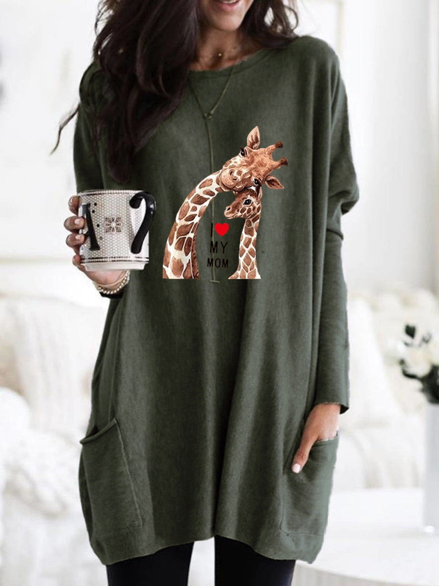 Frauen Übergroße Sweatkleid mit Giraffenmuster, Rundhalsausschnitt und Seitentaschen Echoarchiv