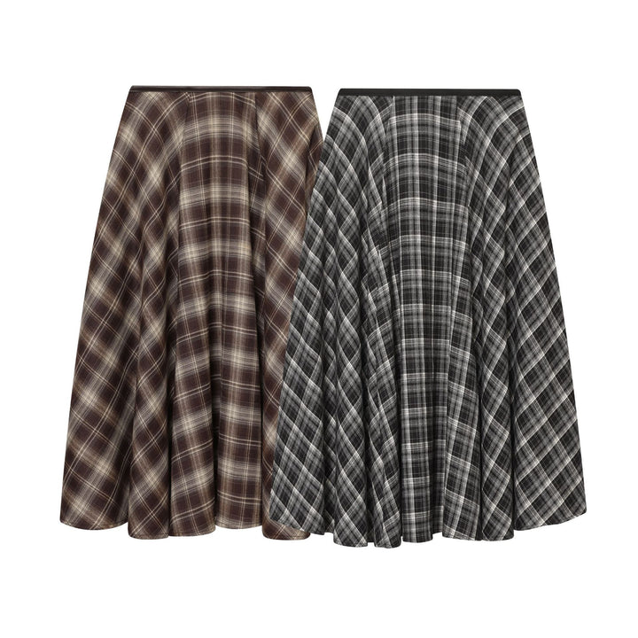 Damen nan ausgestellter Midirock mit Karomuster, hoher Taille und Lederimitatbund Echo Archiv
