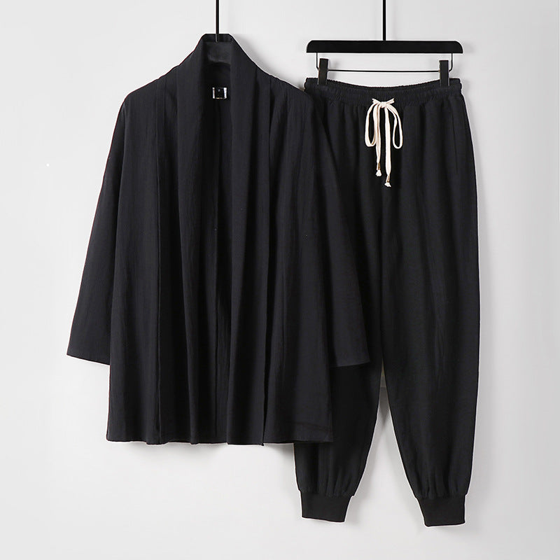 Unisex Luftiges Freizeit-Set im Kimono-Stil mit Schalkragenjacke und konisch zulaufender Joggerhose Echoarchiv