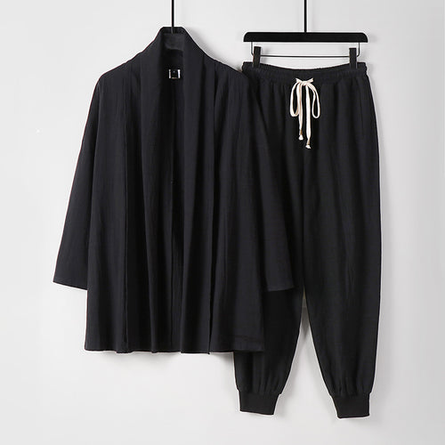 Unisex Luftiges Freizeit-Set im Kimono-Stil mit Schalkragenjacke und konisch zulaufender Joggerhose Echoarchiv