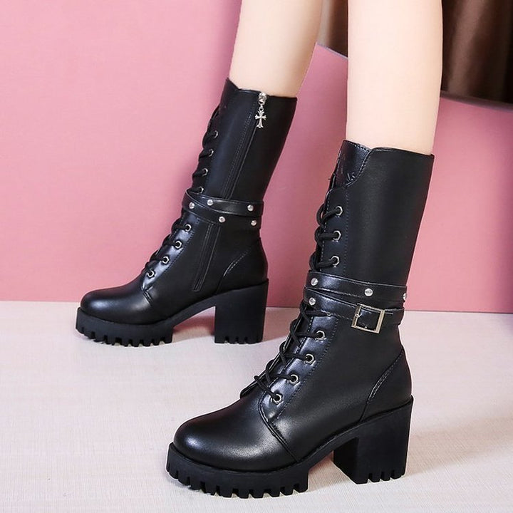 Damen nan mittelhohe Schnürstiefel mit Profilsohle, Blockabsatz und Ziergurt Echo Archiv