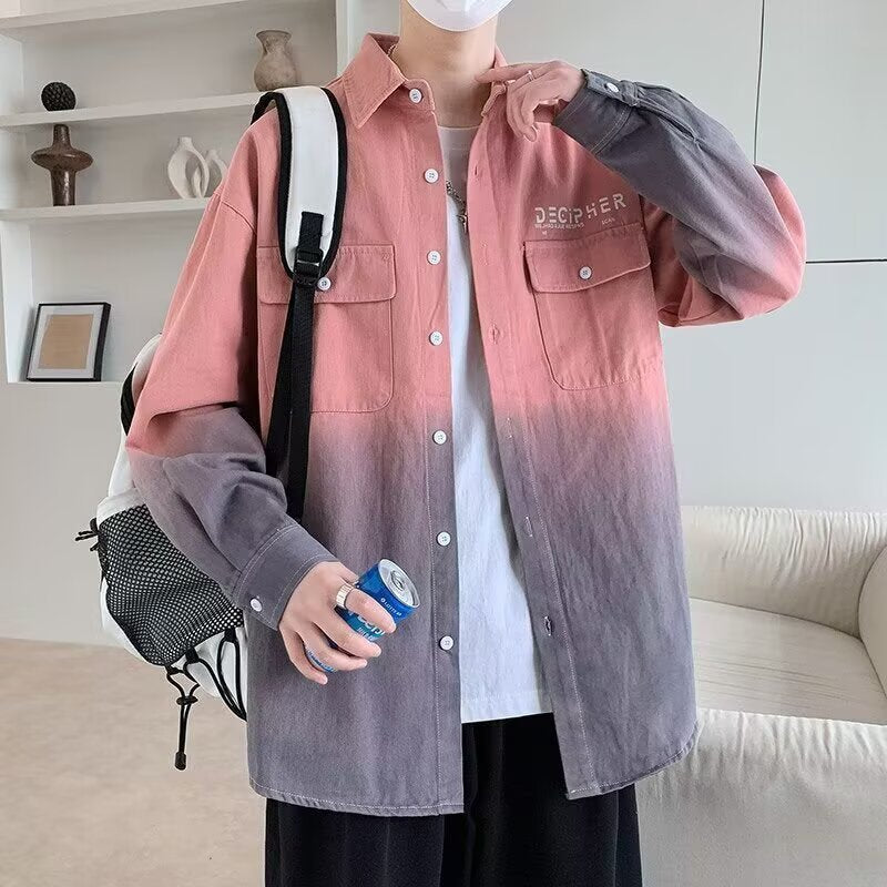 Herren Oversize Dip Dye Baumwollhemd mit Brusttaschen und Verlauffärbung Echoarchiv