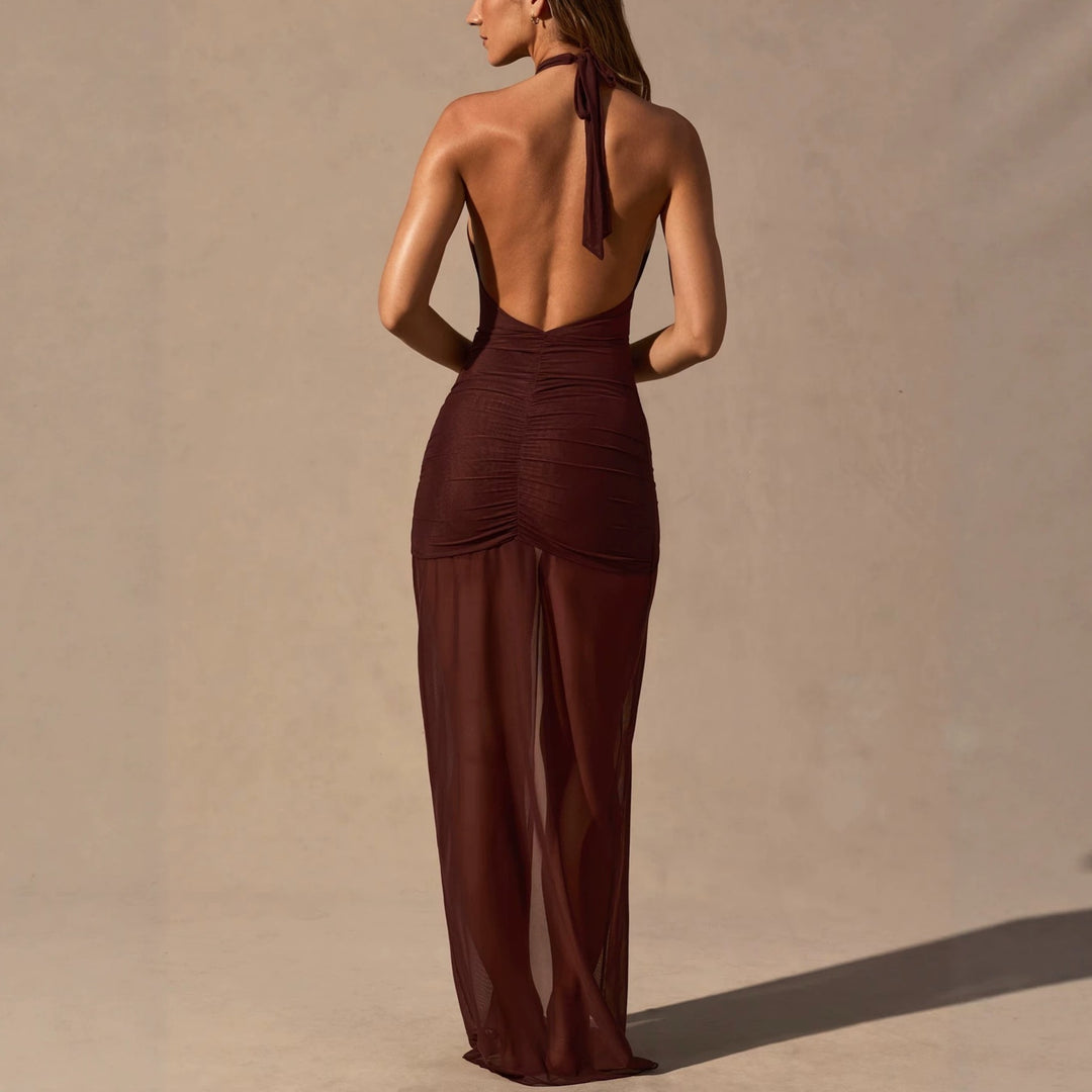 Damen Elegantes Cut-Out Maxikleid mit asymmetrischen Rüschen Echo Archiv