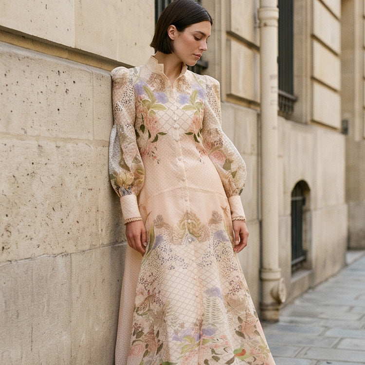Damen Maxikleid mit floralem Druck, durchgehender Knopfleiste und voluminösen Puffärmeln Echoarchiv