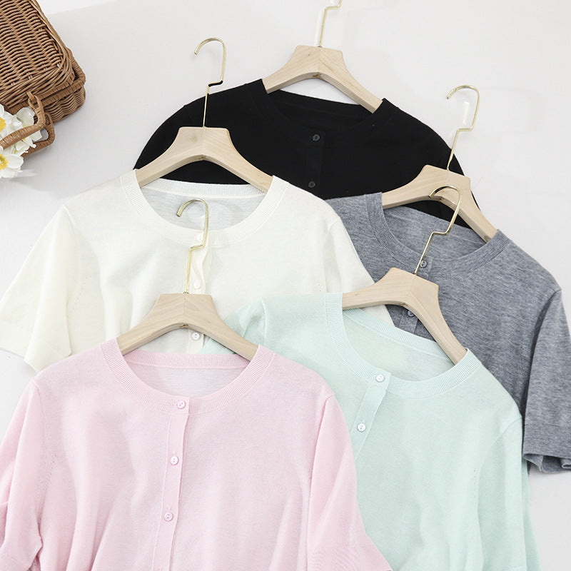 Damen Kurzarm-Feinstrick-Cardigan mit Rundhalsausschnitt und durchgehender Knopfleiste Echo Archiv