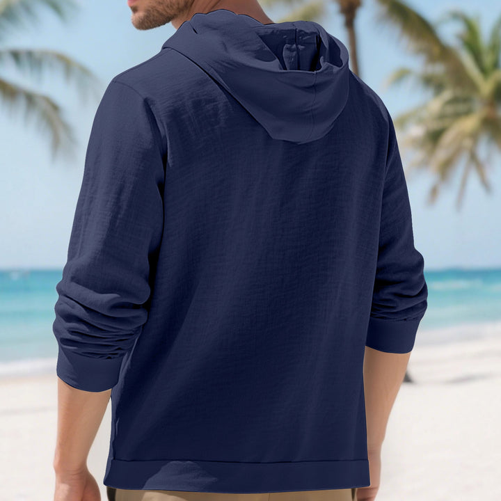 Herren nan leichtes Kapuzen-Übershirt im Crinkle-Look mit Holzknopfleiste und Kängurutasche Echo Archiv
