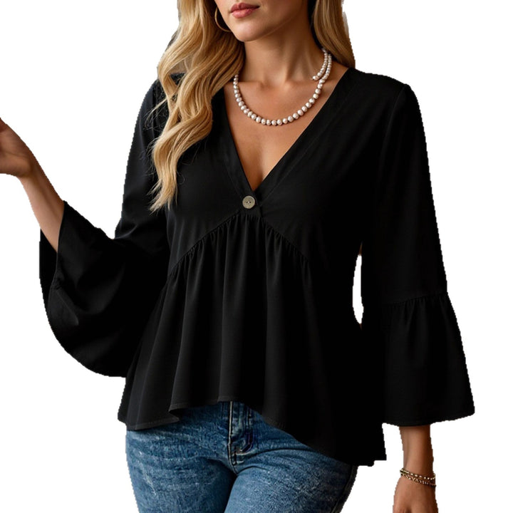 Damen Tunika‑Bluse mit V‑Ausschnitt, geraffter Empire‑Naht und Trompetenärmeln – Avérine