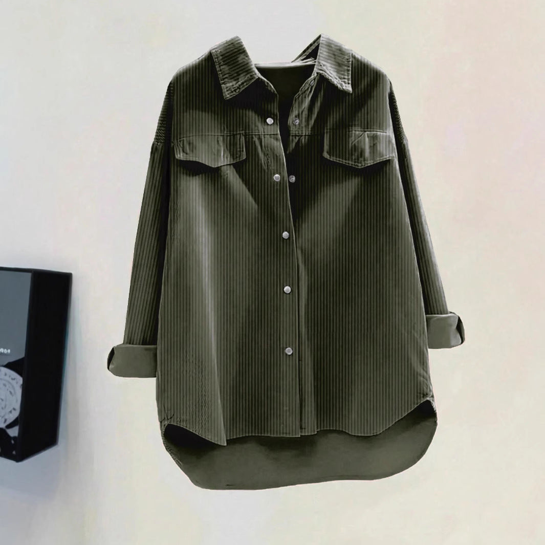 Damen Oversize-Cordhemd mit Brusttaschen & abgerundetem Saum – Avérine