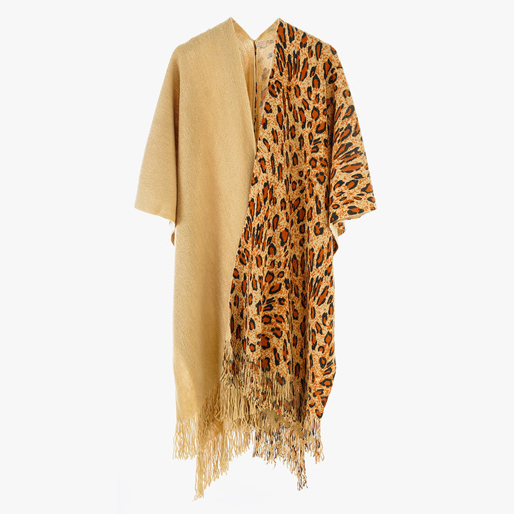Damen Reversibler Capeponcho mit Leo-Jacquard, Fransen und kastigem Oversize-Schnitt – Célinea