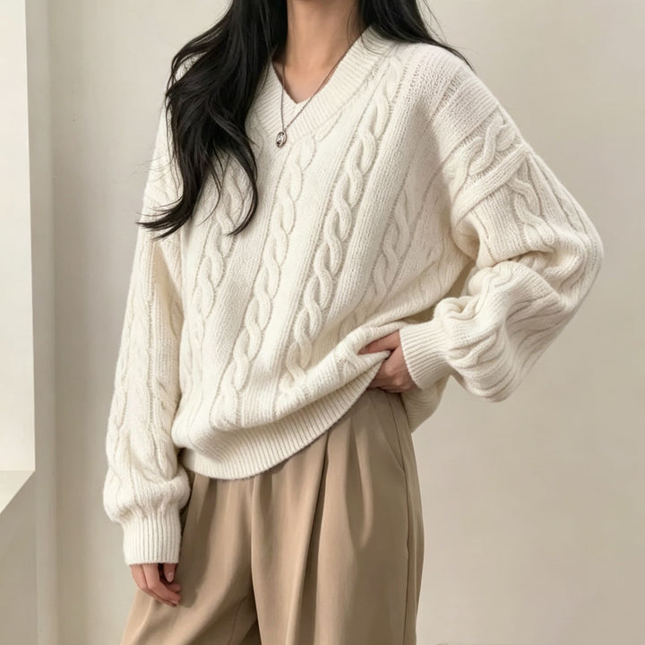 Damen Oversize Zopfmuster V-Ausschnitt Strickpullover mit überschnittener Schulter – Mavelle