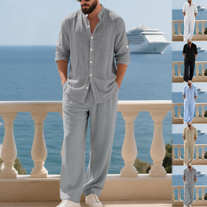 Herren lässiges Leinen-Outfit mit kurzem Oberteil und bequemen Hosen Echoarchiv