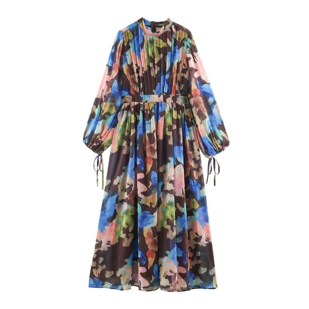 Damen Plissiertes Chiffon-Midikleid mit Aquarellprint, taillierter Silhouette und Ballonärmeln Echoarchiv