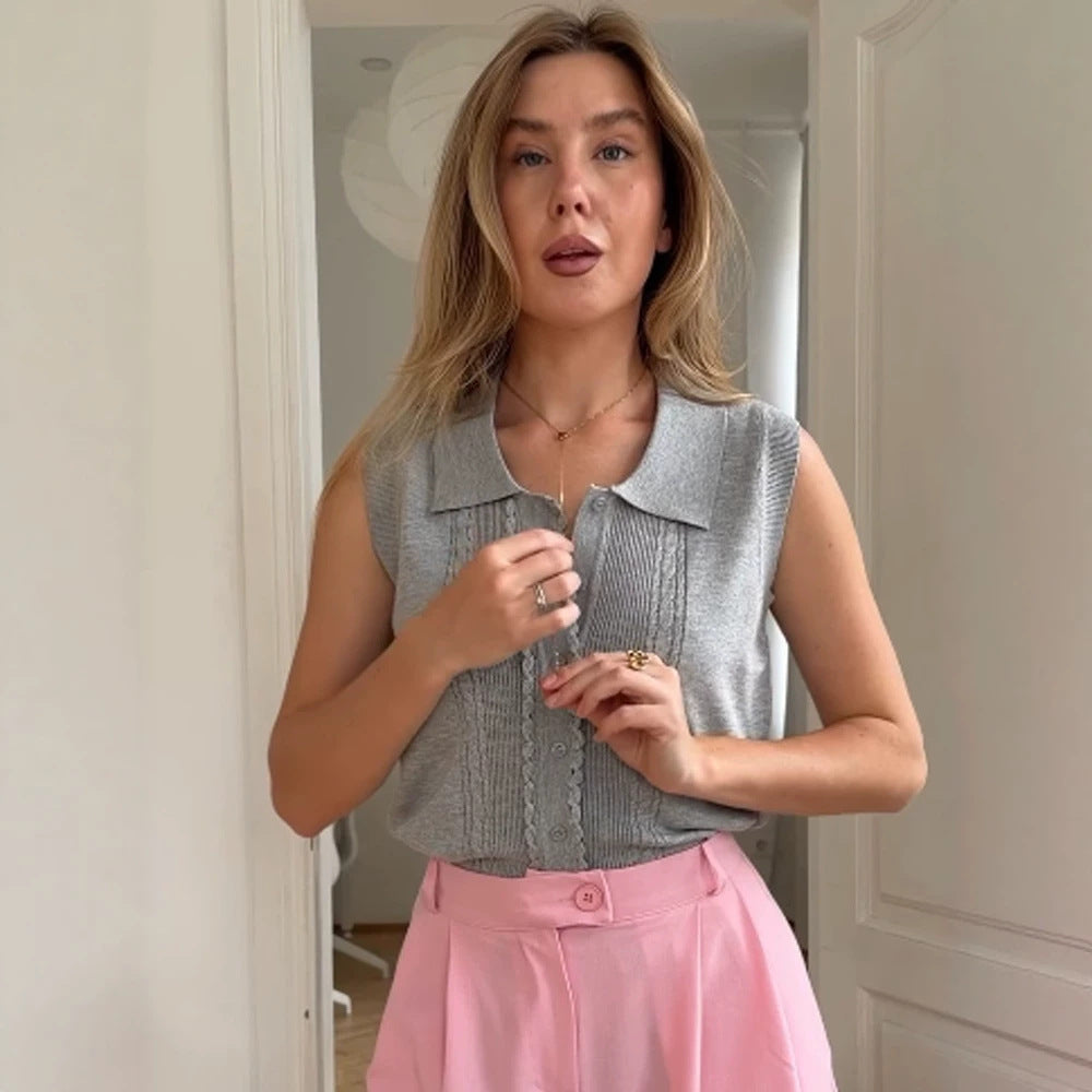 Damen Ärmelloses Stricktop mit Hemdkragen, Zierknopfleiste und feiner Strukturierung Echoarchiv