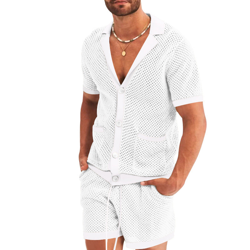 Herren nan offener Netzstrick-Cardigan mit passenden Kordelzug-Shorts Echo Archiv