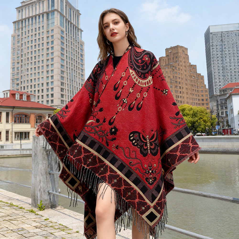 Damen Gewebter Kimono-Poncho mit Ornamentjacquard, V-Ausschnitt und Fransensaum – Avérine