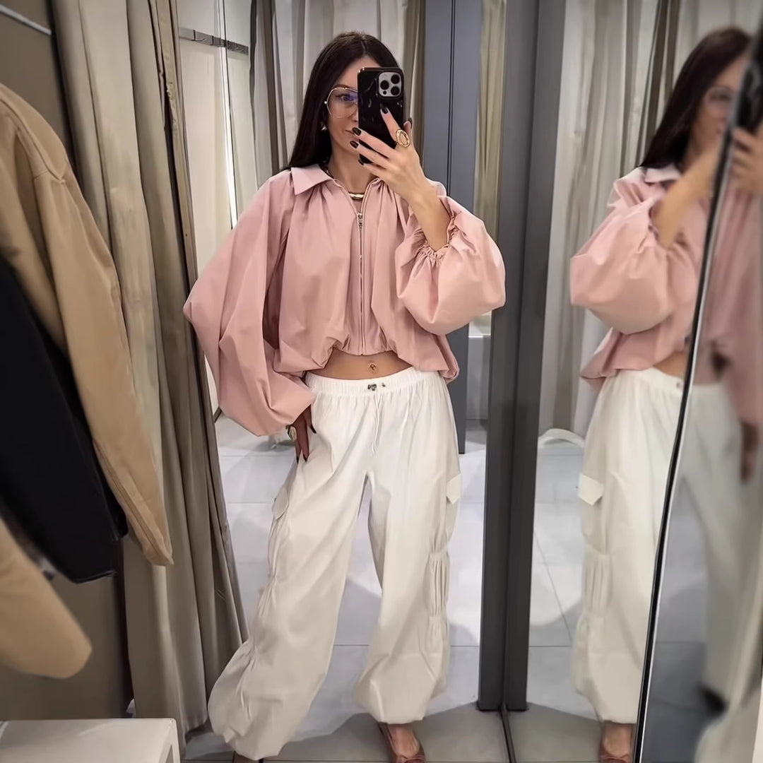 Damen Cropped-Blusenjacke mit Hemdkragen, geraffter Passe und weitem Volumenärmel Echoarchiv