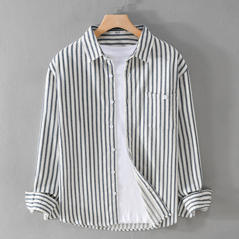 Herren Leichtes gestreiftes Layering-Overshirt aus Leinen-Baumwollmix mit Brusttasche und abgerundetem Saum Echoarchiv