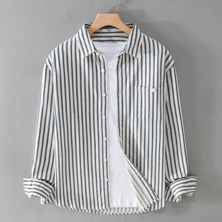 Herren Leichtes gestreiftes Layering-Overshirt aus Leinen-Baumwollmix mit Brusttasche und abgerundetem Saum Echoarchiv