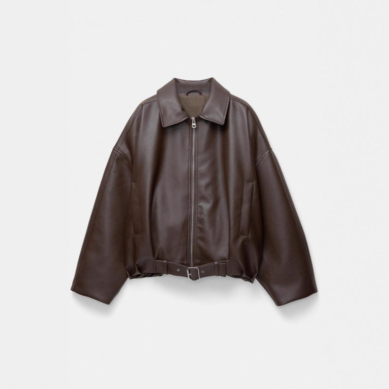Damen Oversized Lederimitat-Blouson mit Taillengürtel Echo Archiv