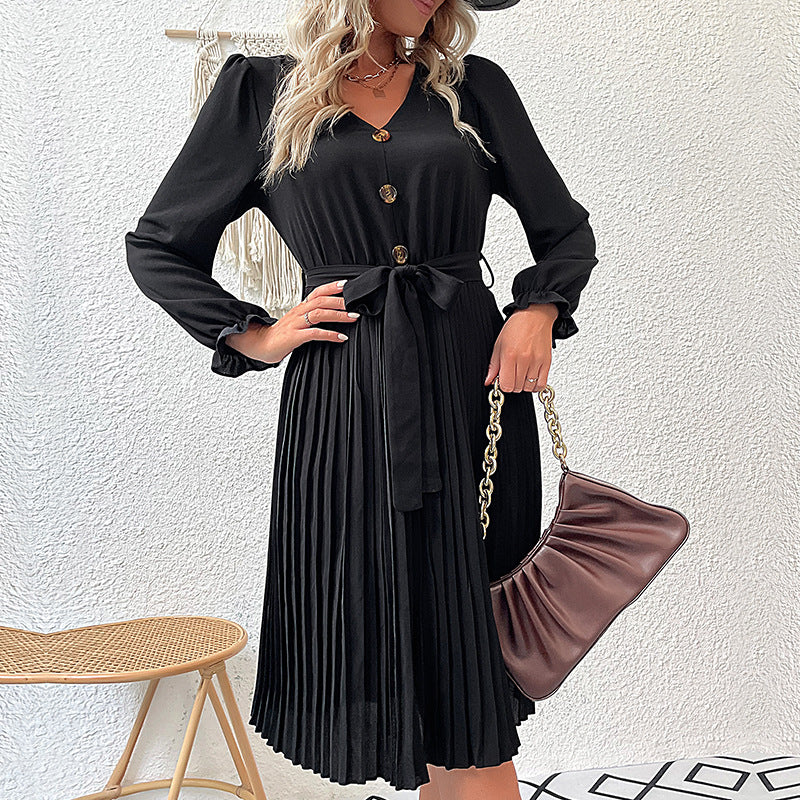 Damen Midikleid mit V-Ausschnitt, tailliertem Bindegürtel und plissiertem Tellerrock Echoarchiv