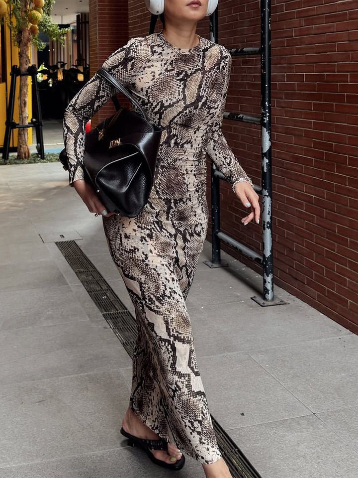 Damen Figurbetontes Maxikleid aus Stretch-Jersey mit Schlangenprint und Rundhalsausschnitt Echoarchiv