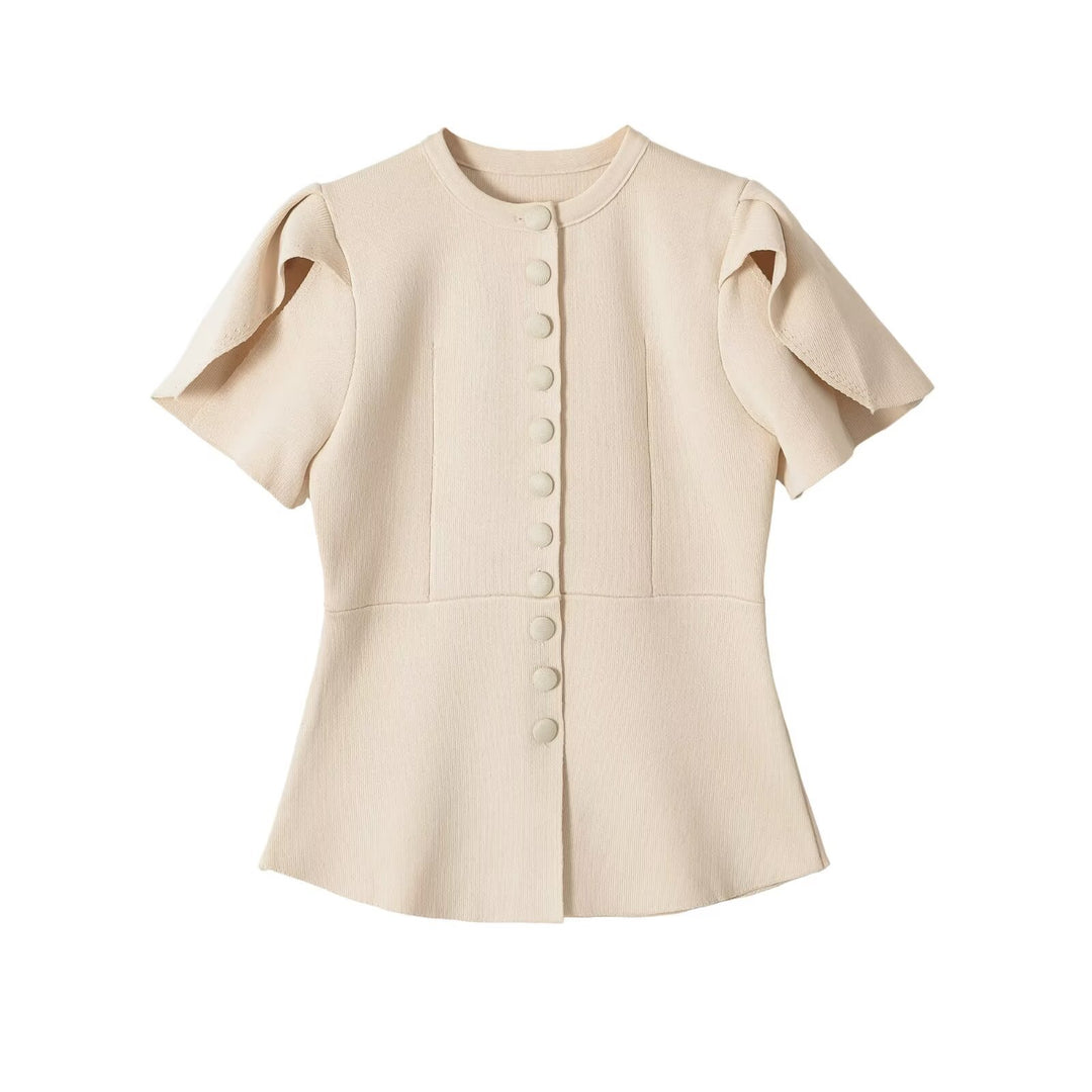 Damen Taillierte Stretch-Strickbluse mit verdeckten Stoffknöpfen und doppelten Volantärmeln Echo Archiv