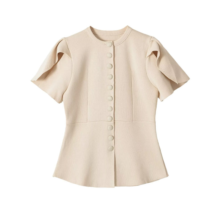 Damen Taillierte Stretch-Strickbluse mit verdeckten Stoffknöpfen und doppelten Volantärmeln Echo Archiv
