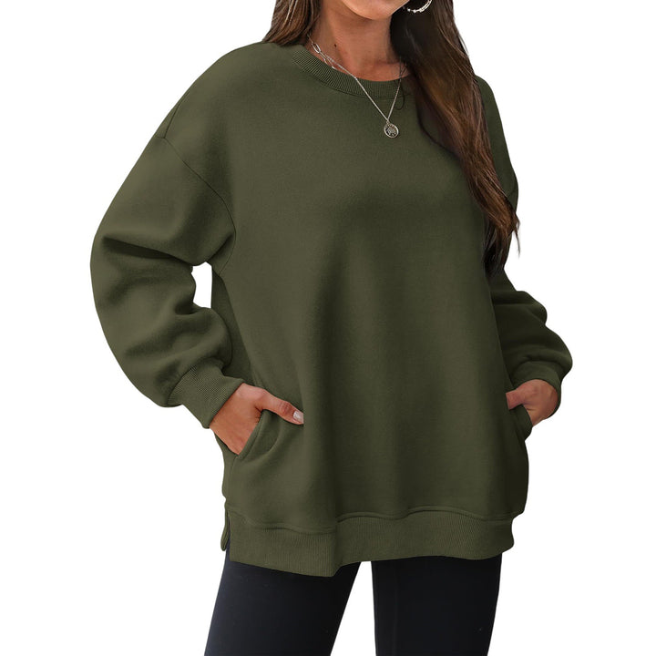 Damen verlängertes Oversize Rundhalspullover mit seitlichen Eingrifftaschen, Rippbündchen und überschnittener Schulter – Mavelle