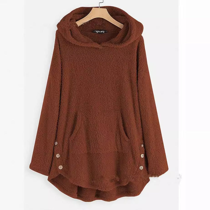 Damen nan kuscheliger Teddy-Kapuzenpullover mit Kängurutasche, Knopfleiste an den Seiten und abgerundetem Saum Echo Archiv
