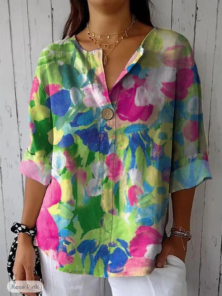 Damen Lose Blumenmuster Leinenlook Bluse Tunika mit V-Ausschnitt und Dreiviertelärmeln – Élovi