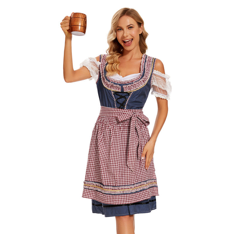 Damen nan traditionelles Dirndlkleid mit kariertem Schürzenrock, Schnürung und Spitzenärmeln Echo Archiv