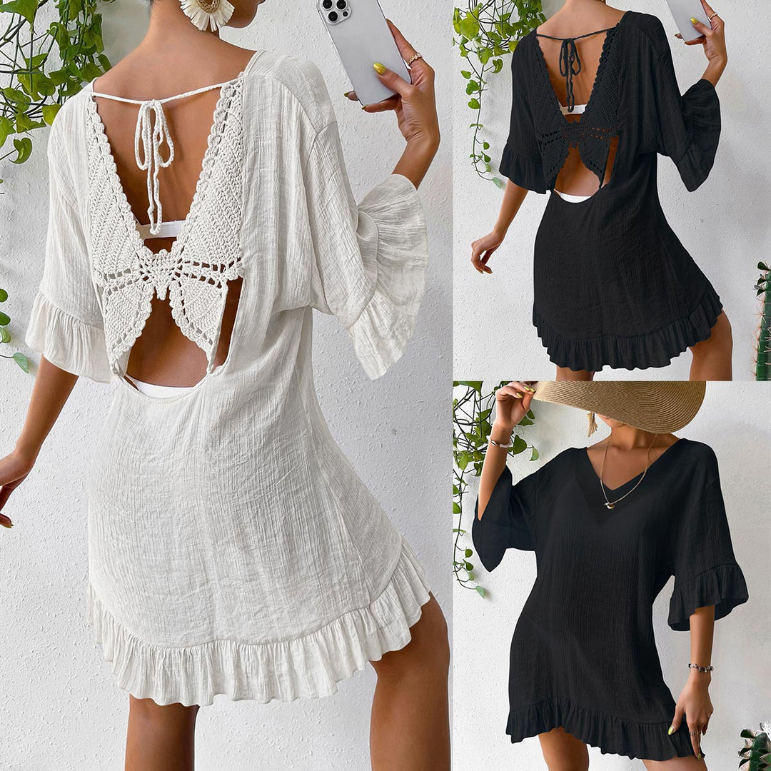Damen lässiges Strandkleid mit V-Ausschnitt und Rüschensäumen Echo Archiv