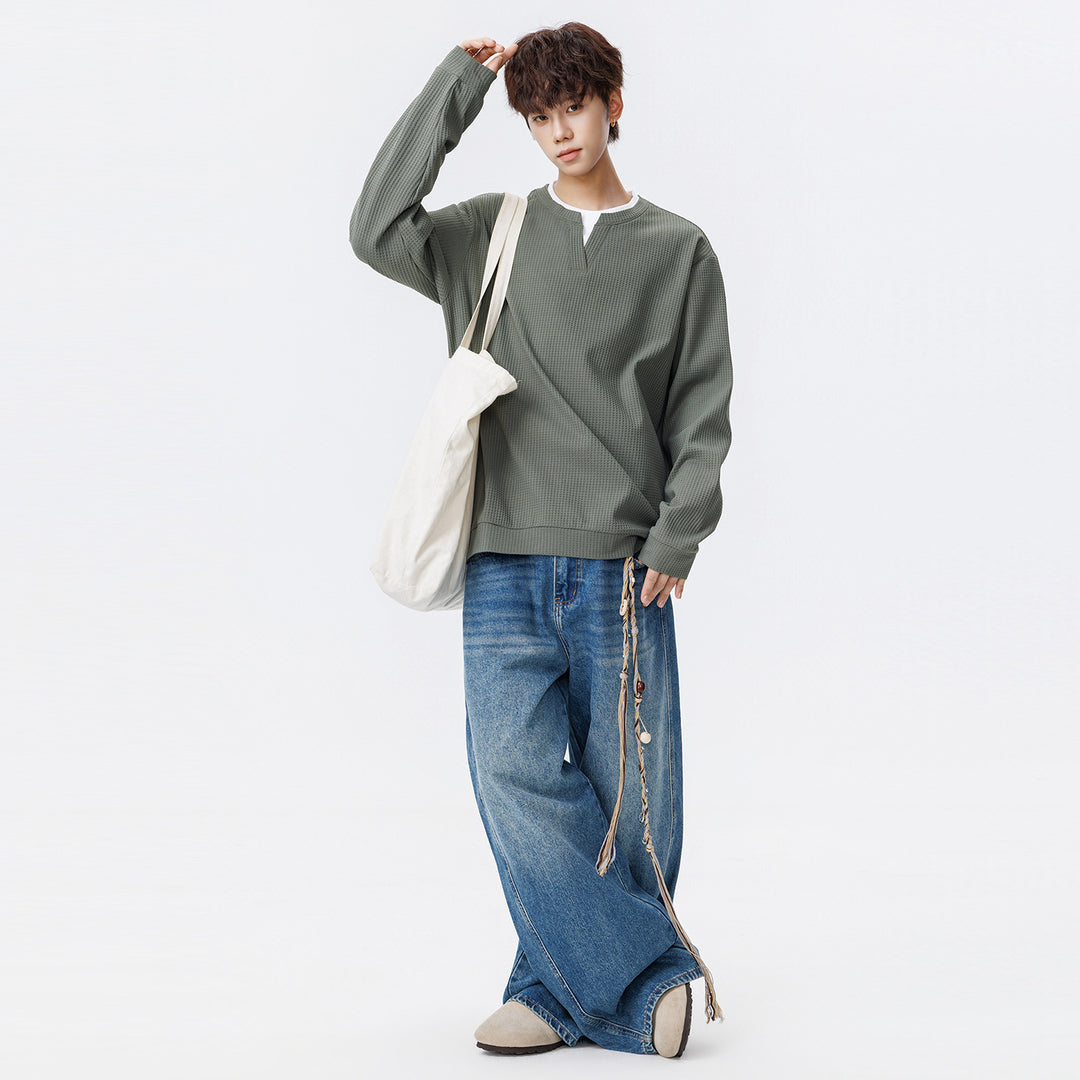 Herren Oversize Waffelstruktur-Langarmshirt mit V‑Einsatz und Layering-Optik Echo Archiv