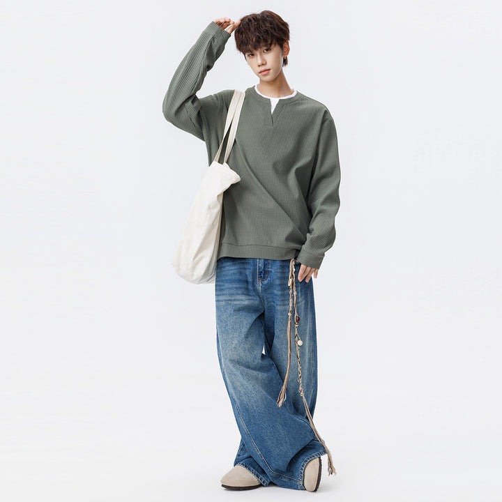 Herren Oversize Waffelstruktur-Langarmshirt mit V‑Einsatz und Layering-Optik Echo Archiv