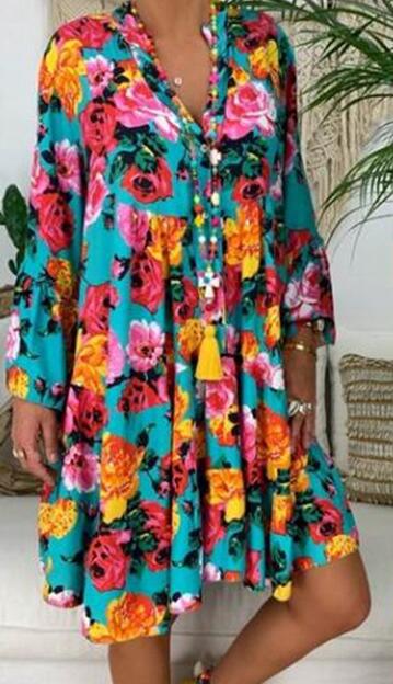 Damen nan A-Linien-Tunika-Minikleid mit V-Ausschnitt, stufigem Volant und Boho-Bandana-Print Echo Archiv