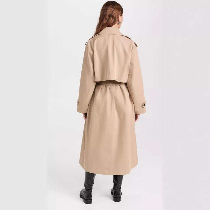 Damen Langer Trenchcoat aus Baumwollmix mit doppelreihiger Knopfleiste, Taillengürtel und Schulterklappen Echoarchiv