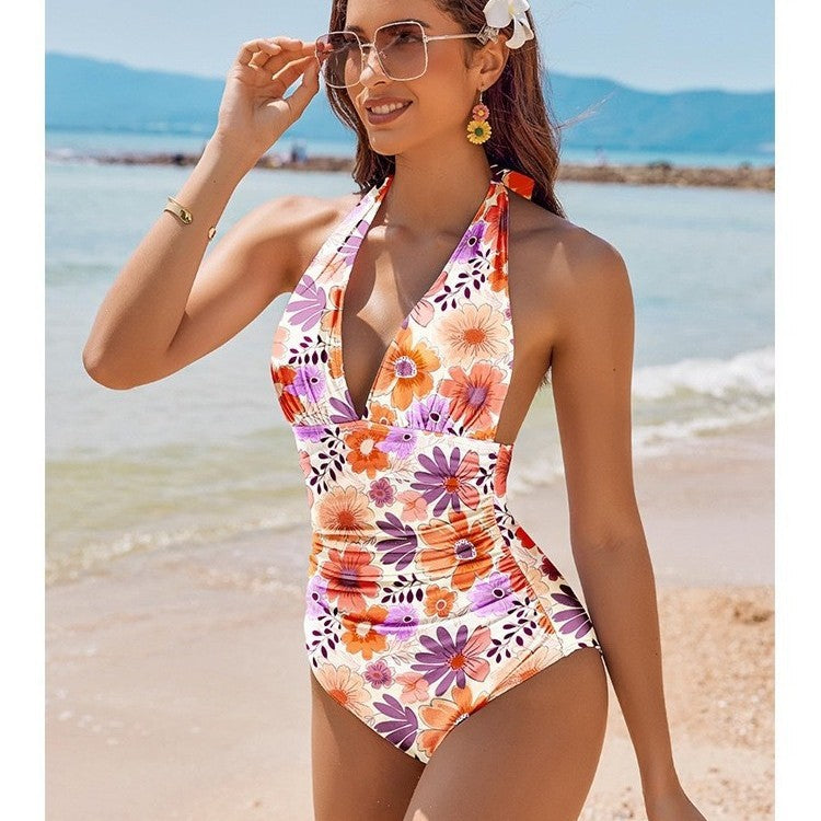 Damen Eleganter Leo-Badeanzug mit tiefem V-Ausschnitt Echo Archiv