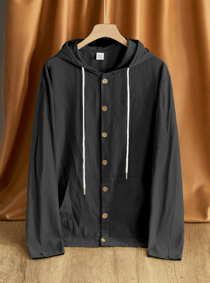 Herren lässiger Kapuzenjacke mit strukturiertem Design und Holzknöpfen Echoarchiv