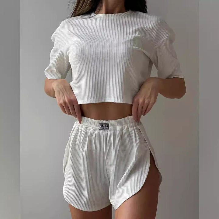 Damen Lässiges Short-Pyjama-Set Aus Atmungsaktiver Rippstruktur Echoarchiv