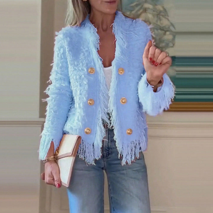 Damen nan fransenbesetzte Kurzjacke mit strukturierter Oberfläche und Zierknopfreihe Echo Archiv