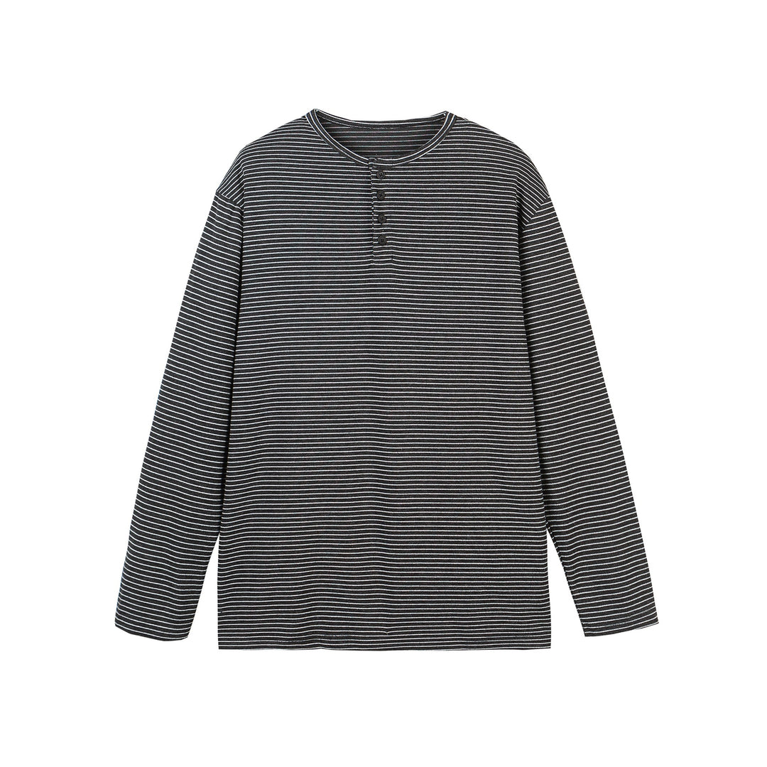 Unisex Gestreiftes Henley-Langarmshirt mit Knopfleiste und Oversize-Schnitt Echoarchiv