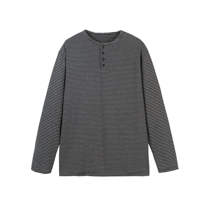 Unisex Gestreiftes Henley-Langarmshirt mit Knopfleiste und Oversize-Schnitt Echoarchiv