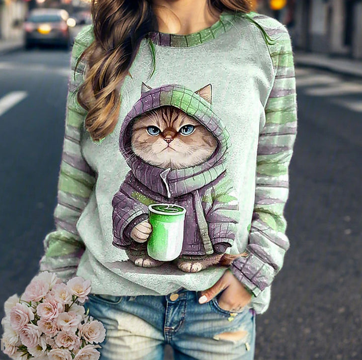 Damen nan lässiges Sweatshirt mit großem Kätzchen-Frontprint und gestreiften Raglanärmeln Echo Archiv